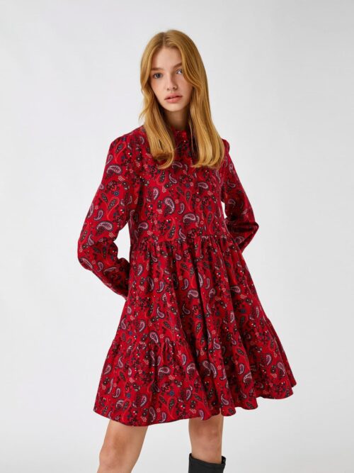 Floral Winter Dress Long Sleeve Ruffle Buttoned